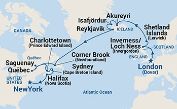 22-Day World Cruise Segment - London (Dover) to New York Itinerary Map